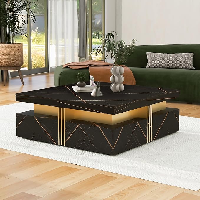 Merax Coffee Table, Modern Square Coffee Table with 4 Drawers, Contemporary Luxury Center Table Cocktail Table with Gold Accents for Living Room, 43.3" Lx 43.3" W (Black)