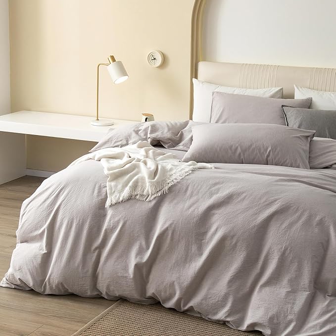 JIYUAN 100% Washed Cotton Duvet Cover Set 2 Pieces Twin, 1 Duvet Cover 68x90 Inches(Comforter Not Included) and 1 Pillowcases,Linen Feel Bedding Set Comfy and Breathable, Heathered Linen