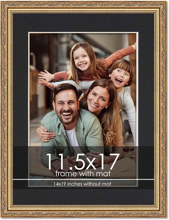 11.5x17 Frame with Mat - Antique Gold 14x19 Frame Wood Made to Display Print or Poster Measuring 11.5 x 17 Inches with Black Photo Mat