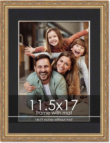 11.5x17 Frame with Mat - Antique Gold 14x19 Frame Wood Made to Display Print or Poster Measuring 11.5 x 17 Inches with Black Photo Mat