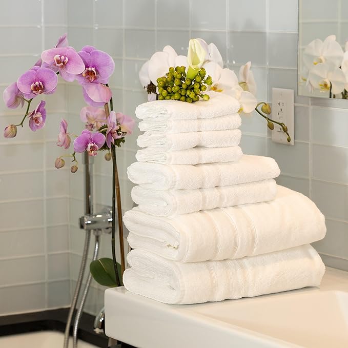 Mosobam Luxury Turkish 8pc Towel Set 30X58 16X30 13X13 White 700 GSM Bamboo Viscose & Aegean Turkish Combed Cotton
