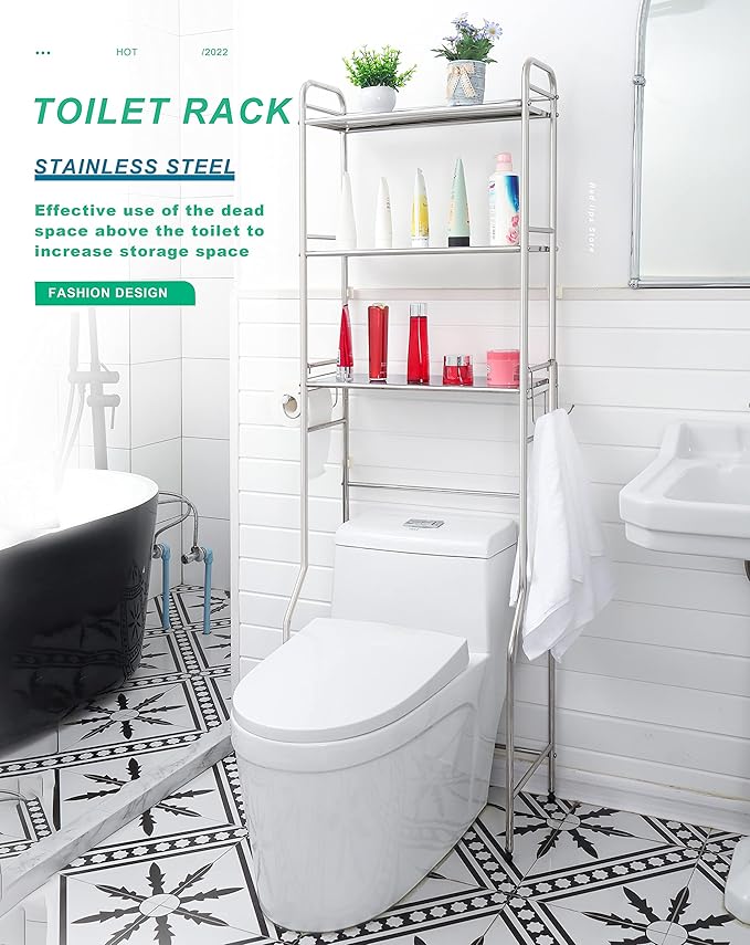 susunnus Over The Toilet Storage 3 Tier S,Bathroom Shelves Over Toilet,Freestanding Space Saver with Toilet Paper Holder,Stainless Steel,Pragmatic, Sturdy,Waterproof,Silver