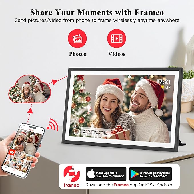 Frameo 15.6" Large Digital Picture Frame, Smart WiFi Electronic Photo Frame with LED Light 1920 x 1080 FHD IPS Touch Screen 32GB Memory Auto-Rotate Wall Mounted Slideshow, Share Photos/Video Anywhere