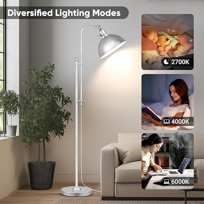 PARTPHONER Industrial Floor Lamp Adjustable, Farmhouse Reading Lamp in Silver Finish Modern Standing Lamp with Remote Control Metal Shade for Living Room Bedroom Study Room Office Hotel