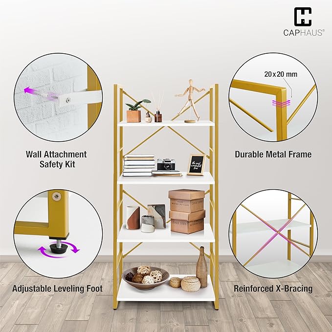 CAPHAUS 4 Tier Bookshelf, Bookcase Shelf Storage Organizer, Living Room, Kitchen, 24 Inch Width Free Standing Shelf, Industrial Book Shelves for Home Office, White Wooden Shelves & Gold Frame