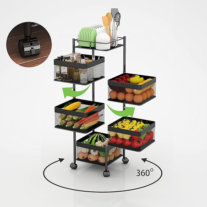 Fruit and Vegetable Basket for Kitchen No Assembly， Rotating Storage Rack,Bathroom Storage Shelf, Kitchen Organizers and Storage Cart on Rolling Wheels(Black, 5 Tier-Square)