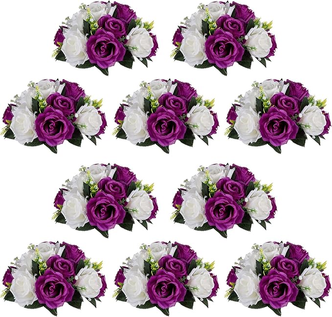 Pcs of 10 Fake Flower Ball Arrangement Bouquet,15 Heads Plastic Roses with Base, Suitable for Our Store's Wedding Centerpiece Flower Rack for Parties Valentine's Day Home Décor (Purple & White)