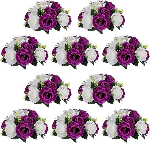 Pcs of 10 Fake Flower Ball Arrangement Bouquet,15 Heads Plastic Roses with Base, Suitable for Our Store's Wedding Centerpiece Flower Rack for Parties Valentine's Day Home Décor (Purple & White)