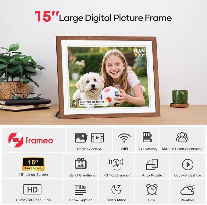 15 Inch Large Digital Picture Frame, Frameo Digital Frame WiFi with 4:3 HD IPS Touch Screen 32GB Storage, Support Tabletop&Wall Mounted, Share Photos/Videos Instantly from Anywhere, Gifts for Mom