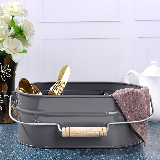 Alpha Living Home Silverware Caddy with Handle, Mulip-pose Organizer for Kitchen, Farmhouse Caddy Organizer - 4-Compartment Iron & Wood Handle Cutlery Holder, Office & Bathroom Storage, Grey
