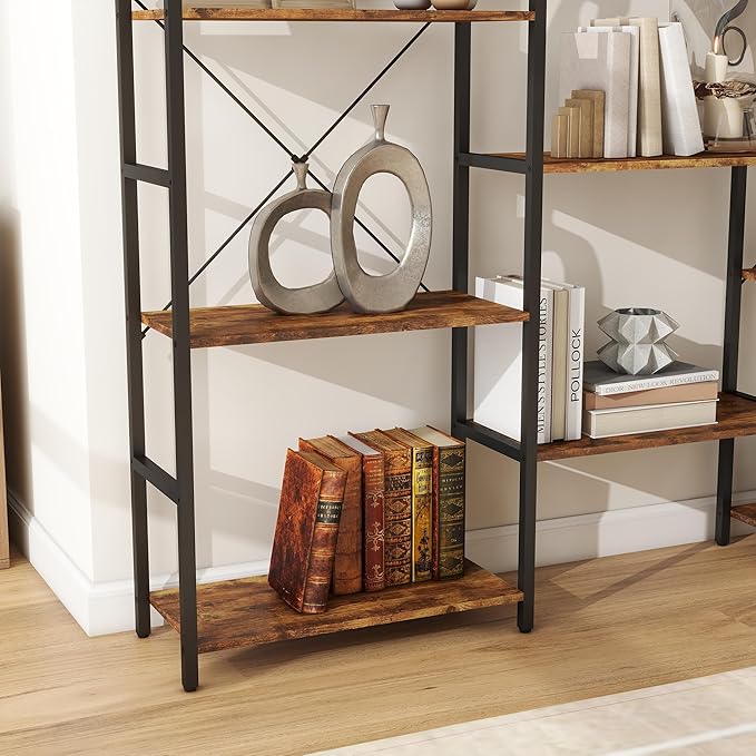 Panana Triple 4/5/6 Tier Bookshelf, Industrial Bookcase with 11/14/17 Open Display Shelves Wide Book Shelf Book Case with Metal Frame for Living Room Home Office (Brown, 4 Tier)