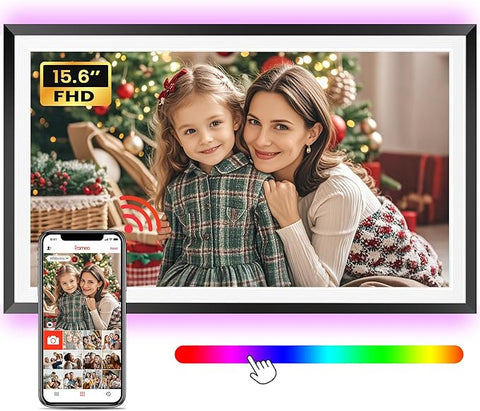 Frameo 15.6" Large Digital Picture Frame, Smart WiFi Electronic Photo Frame with LED Light 1920 x 1080 FHD IPS Touch Screen 32GB Memory Auto-Rotate Wall Mounted Slideshow, Share Photos/Video Anywhere