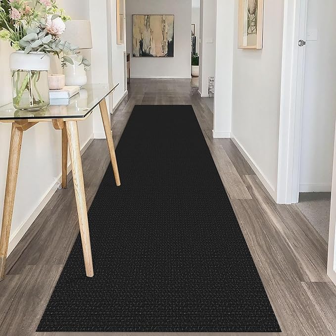 IOHOUZE Washable Runner Rug 2.6x10 Non Slip Rubber Backed Long Hallway Runner Entryway Runner Indoor, Kitchen Rugs Woven Cotton Floor Carpet for Hall Entrance, Black/Grey