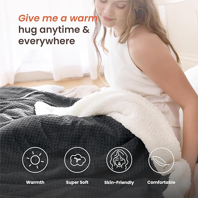 Heated Blanket Electric Blanket Full Waffle,72x84 Inches Sherpa Fleece Fast Heating Blanket 6 Heating Levels & 10 Hours Auto Off ETL Certification,Charcoal Full