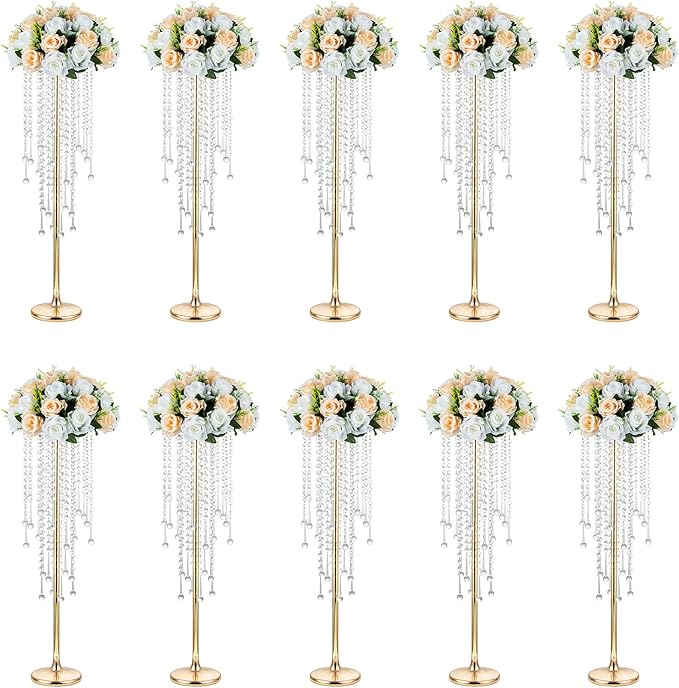 NUPTIO Gold Vases for Weddings - 10 Pcs 29.5in Tall Crystal Flower Stand Centerpieces