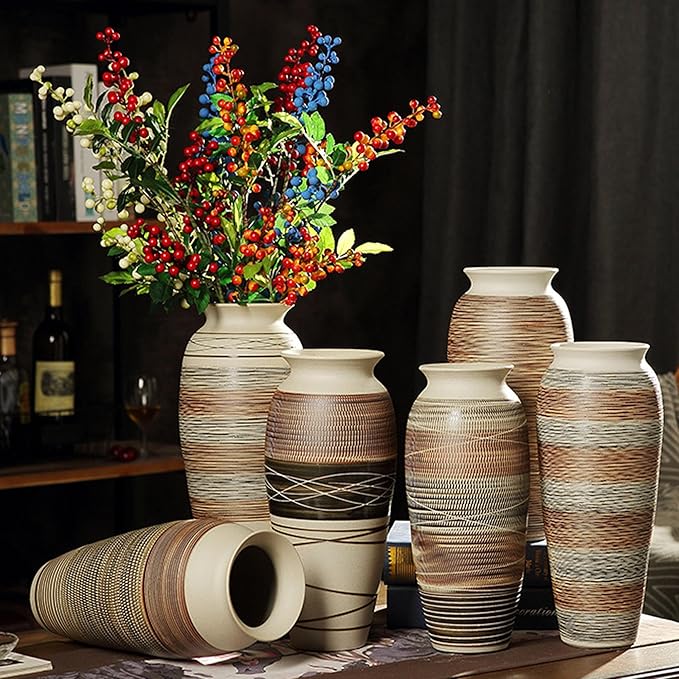 Ceramic Rustic Farmhouse Vase, 12.6” Large Vintage Flower vase for Home Decor, Tall Boho Textured Vases for Living Room, Table, Mantel, Shelf and Centerpieces Decor and Housewarming (B)