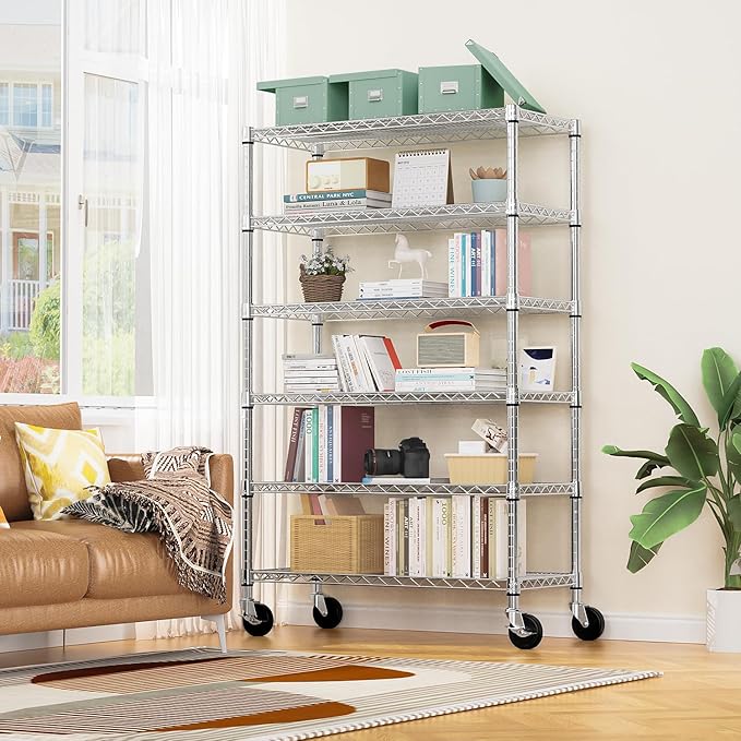 Steel Storage Shelving 6-Tier Utility Shelving Unit with Wheels, Steel Organizer Wire Rack for Home,Kitchen,Office,Garage,17.7" D x 47.2" W x 76.7" H