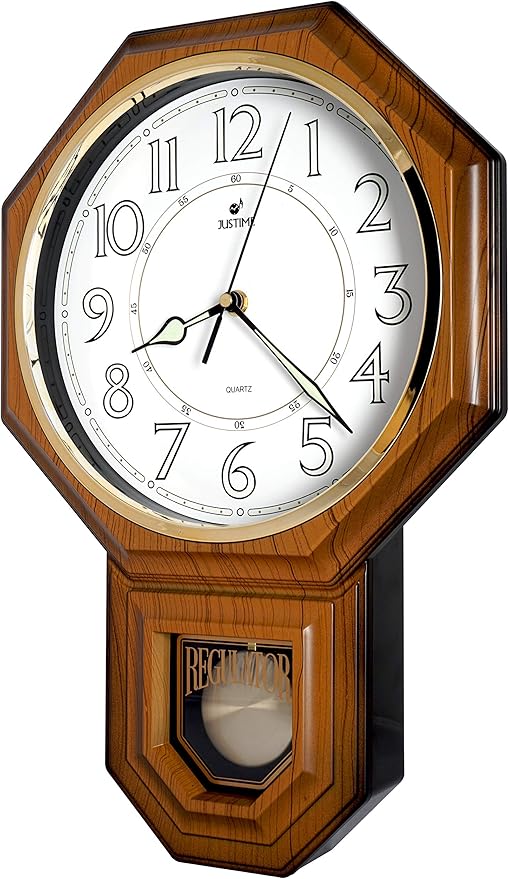 JUSTIME Traditional Schoolhouse Luminious Arabic Regulator Wall Clock, Chiming Wall Clocks with Pendulum & Westminster Chime Hourly, Schoolhouse Wall Decor Battery Operated (Light Wood Grain)