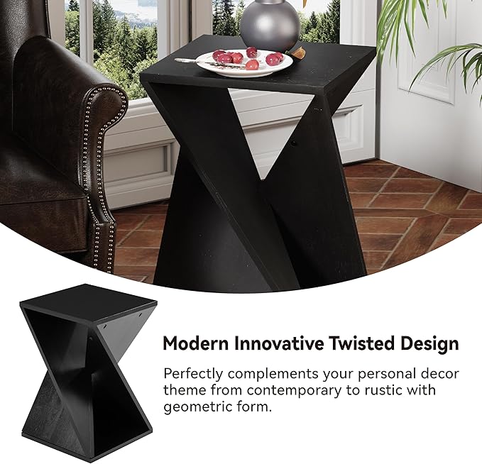 Farmhouse End Table Square Solid Wood Pedestal Side Table Rustic Plant Stand with Twisted Design for Living Room, Bedroom, Office, Black