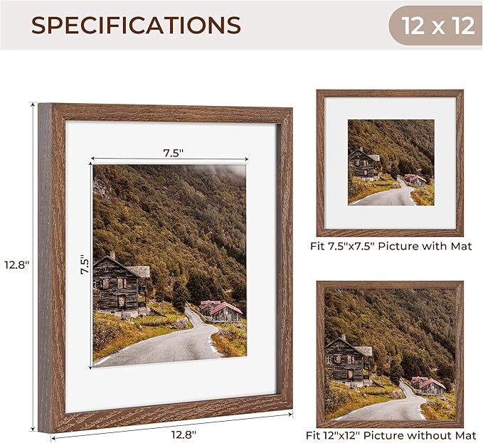 12x12 Picture Frame Set of 2, High-End Oak Wood Frame 12 x 12 for Wall, Square Wooden 12 by 12 Gallery Frames Set, 12x12 Frame Matted to 8x8, Real Glass 12 x 12 Frames, Walnut Color