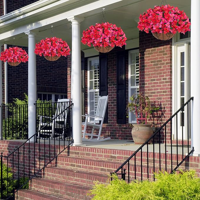 Artificial Fake Hanging Flower Plants Basket for Outdoors Decoration, Faux Silk Bougainvillea Flowers in Planter Look Real UV Resistant Faux Flower for Outside Porch Patio Garden Home Decor