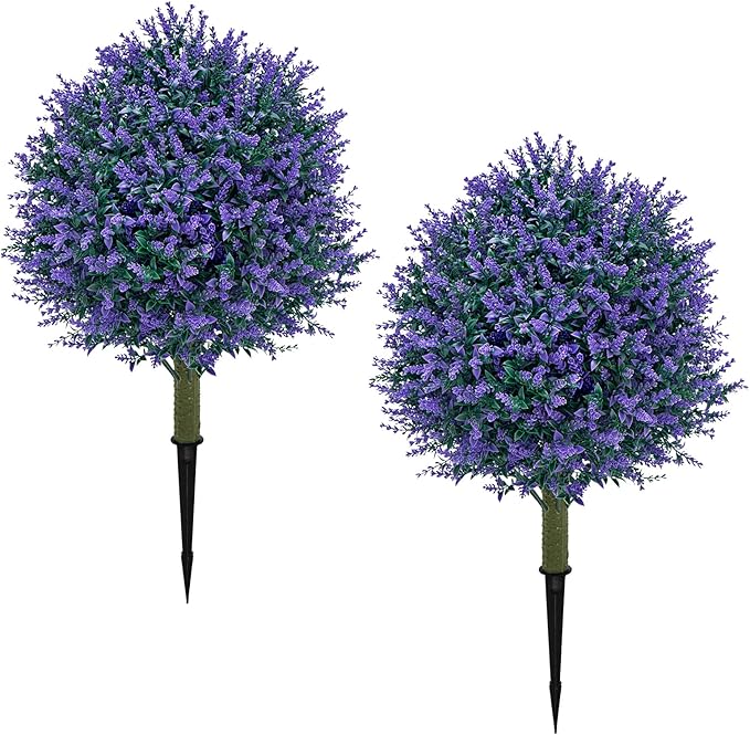 23.6'' Faux Lavender Topiaries Set of 2 with Ground Spikes for Spring Front Porch Decor, Fake Bushes UV Resistant, Artificial Shrubs Outdoor Plants Fake Evergreen Tree for Outdoor Garden