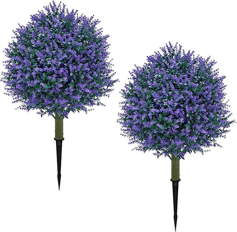 23.6'' Faux Lavender Topiaries Set of 2 with Ground Spikes for Spring Front Porch Decor, Fake Bushes UV Resistant, Artificial Shrubs Outdoor Plants Fake Evergreen Tree for Outdoor Garden