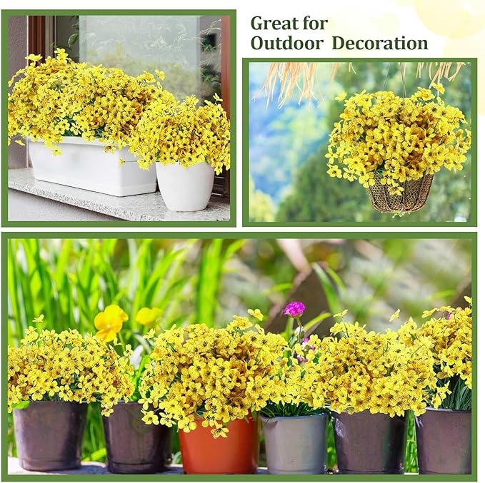 Zeyune 56 Bundles Artificial Flowers Fake UV Resistant for Outdoor Plastic Greenery Shrubs Plants No Fade Faux Flower for Garden Porch Patio Window Wedding Party Decor (Yellow,Bright)