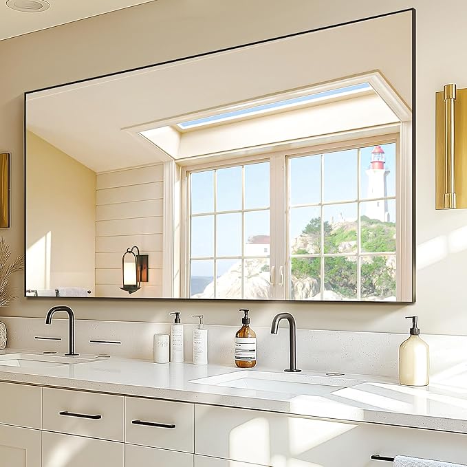 Bathroom Vanity Mirror for Wall, 60" x 36" Metal Framed Rectangular Bathroom Wall Mirror for Over Sink, HD Shatterproof Glass, Hangs Horizontally or Vertically(Black)
