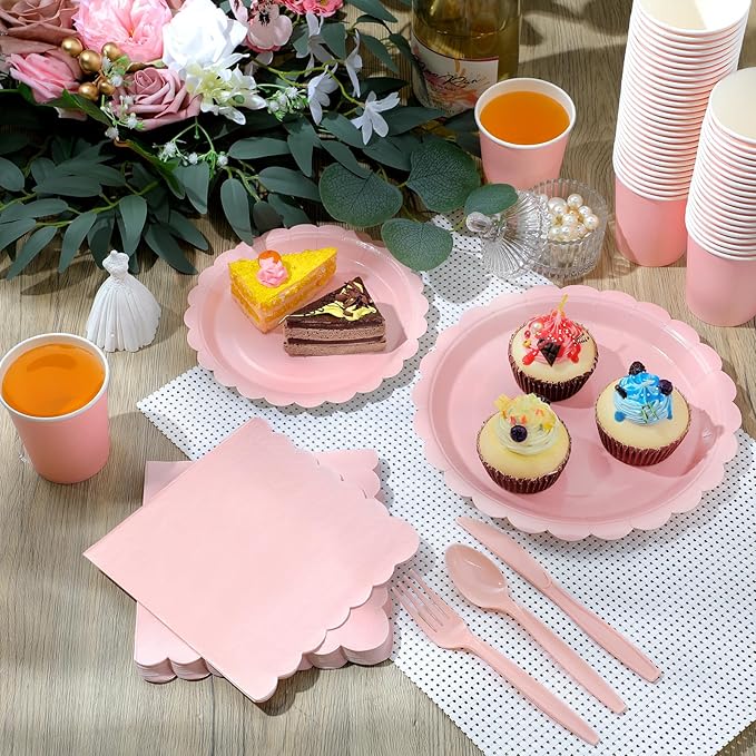 350 Pcs Light Pink Plates and Napkins, 50 Guest Spring Party Supplies Include Scalloped Paper Plates Napkins Cups Plastic Spoons Forks Knives Disposable Tableware Set for Baby Shower