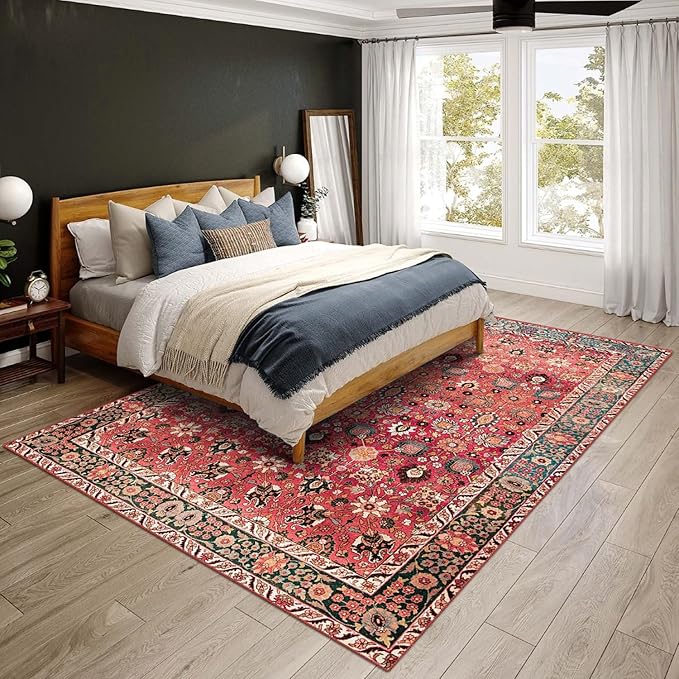 vivorug 6x9 Area Rug, Ultra-Soft Washable Rug for Living Room, Dinner Room, Bedroom, Non-Slip Vintage Red Rug, Indoor Carpet Large Area Rug