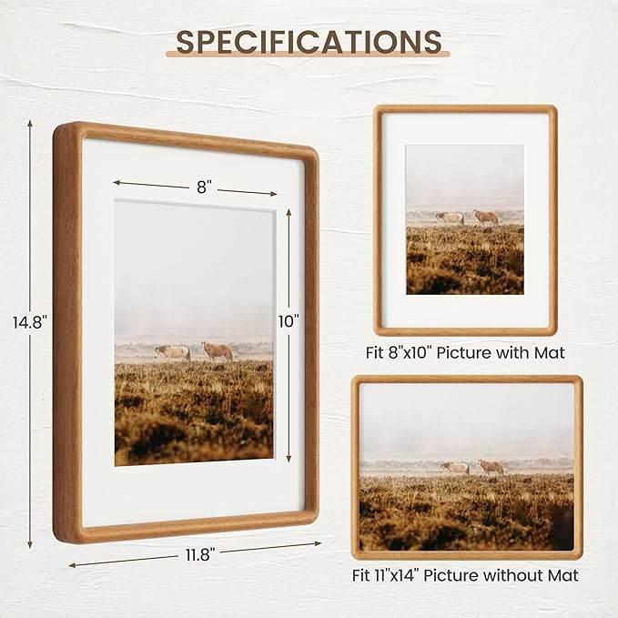 11x14 Picture Frame, Solid Teak Wood Frame with Real Glass, Hard Wood 11 by 14 Photo Frame for Wall & Tabletop Display, 11x14 Picture Frame Matted to 8x10, Natural Teak Color