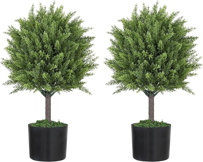 HOMCOM Artificial Plants Set of 2 Decorative Cedar Topiary Trees in Pots, Fake Plants for Home Indoor Outdoor Front Porch, 21.7 inch, Green