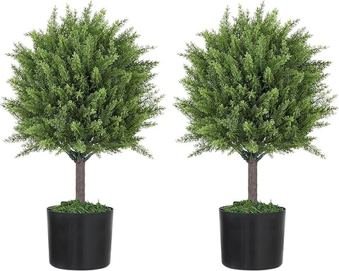 HOMCOM Artificial Plants Set of 2 Decorative Cedar Topiary Trees in Pots, Fake Plants for Home Indoor Outdoor Front Porch, 21.7 inch, Green