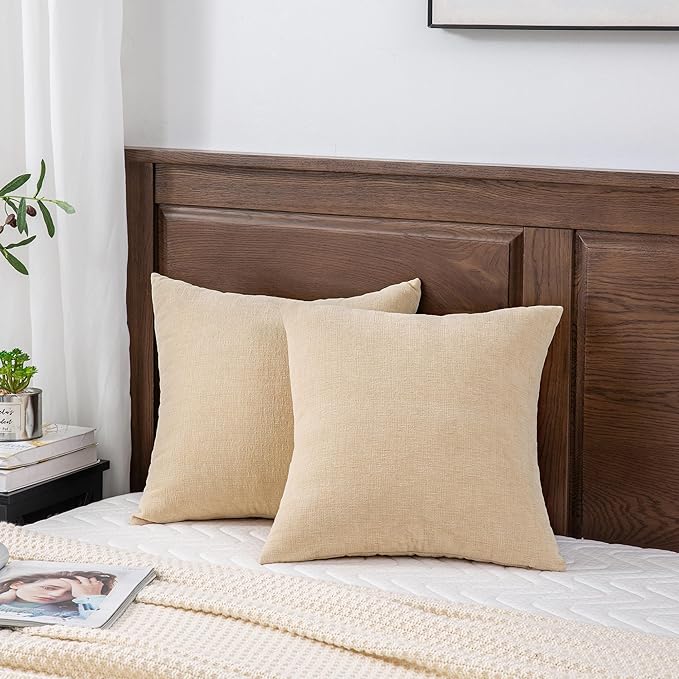 GAWAMAY Decorative Square Throw Pillow Covers 18"x18" Inch Set of 2, Super Soft Chenille Pillows Farmhouse Fall Pillowcase for Living Room Bedroom Sofa Couch Cushion Cover Beige 45x45cm (No Insert)