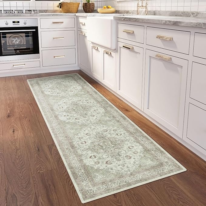 vivorug Runner Rug 2'x8' Vintage Floral Washable Non-Slip Runners for Hallways Kitchen Entryway Laundry Room Carpet Hallway Runner Sage Green