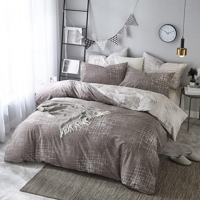VM VOUGEMARKET Abstract Duvet Cover Queen,100% Cotton Brown Gray Reversible Duvet Cover Set for Men,Teens,Minimalism Modern Bedding Set-Queen,Artwork