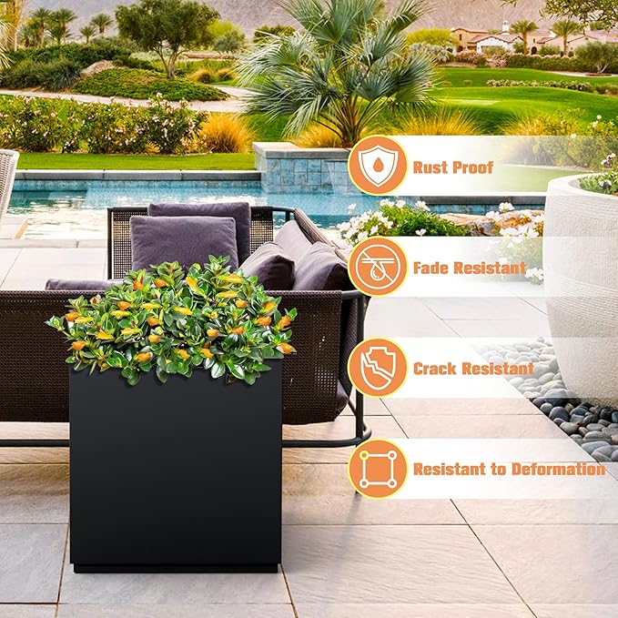 Large Square Planter Metal Black Planter Box with a Drainage Hole and a Removable Divider Indoor Outdoor Porch Pots for Tall Plants, Trees, Flowers 17.01" x 17.01" x 17.99" Black