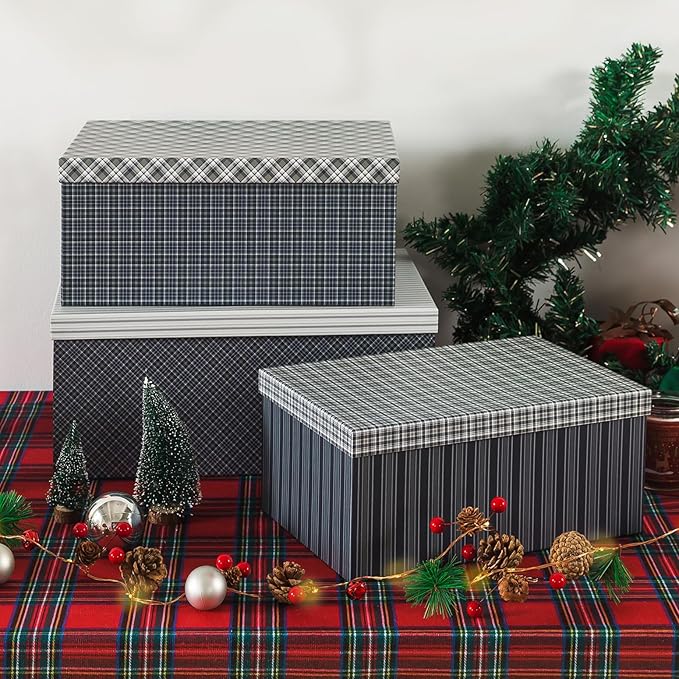 Soul & Lane Classic Plaid Christmas Blue Gift Boxes - Set of 3 - Holiday Decor Checkered Cardboard Storage Box, Decorative Keepsake Boxes with Lids for Presents, Clothing, Decoration