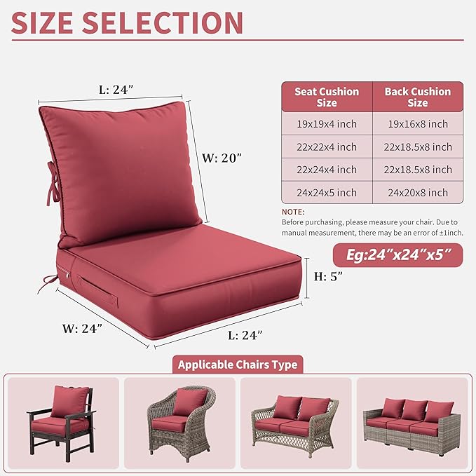 Premium Outdoor Seat Cushion Chair Cushions for Patio Furniture 24 L X 24 W X 5 H Waterproof & Fade Resistant Deep Seat and Backrest Cushion Set with Removable Covers for Chair, Sofa