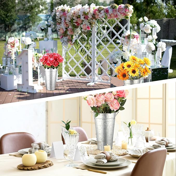 Irenare 12 Inch Vintage Galvanized Flower Bucket Metal Flower Vase Farmhouse French Bucket Planter Metal Floral Container for Party Table Centerpiece Weddings Home(Silver,6 Pcs)