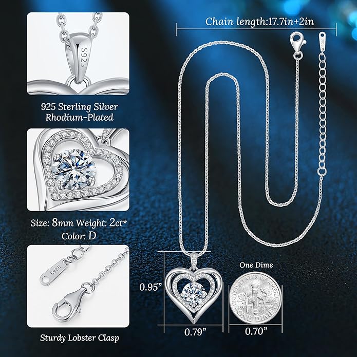 Moissanite Heart Pendant Necklaces for Women, 925 Sterling Silver Gold Plating Lab-Created Gem Necklace Engraved with 'I LOVE YOU', Ideal Anniversary Birthday Christmas Valentine Engagements Mothers Day Jewelry Gifts for Mom Wife Girlfriend Daughter Her