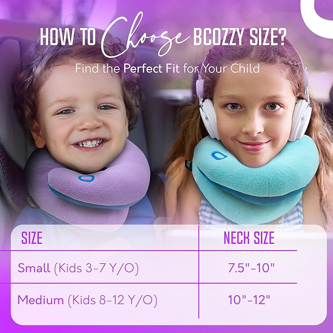 BCOZZY Kids Travel Neck Pillow (8-12 Y/O) – Patented Soft Child Pillow for Head & Chin Support in Car, Airplane, and Road Trip Sleeping. Adjustable Size. Carry Bag. Fully Washable. Medium, Navy