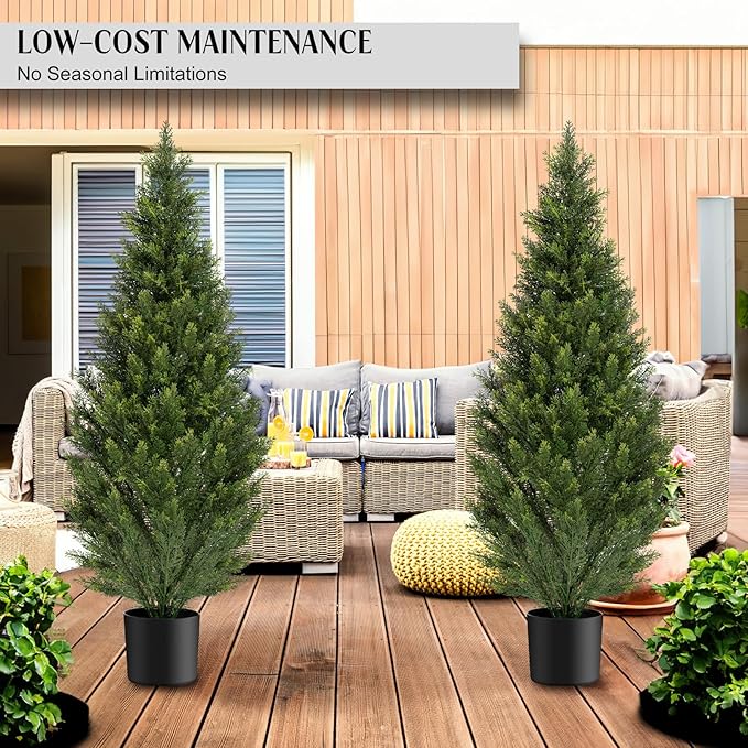 Two 4FT Artificial Topiary Cedar Trees Tall, Outdoors UV Protection Fake Cypress Tree, Realistic 48IN Pine Potted Plants for Patio, Home Porch, Doorway Decor