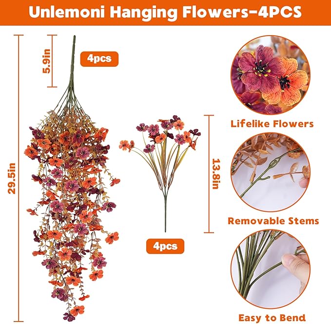 4PCS Fall Artificial Hanging Flowers Plants for Outdoors, 4Pcs Faux Silk Flowers with Eucalyptus Leaves, Fake Fall Flowers for Autumn Home Patio Porch Outside Decor (Orange Red)