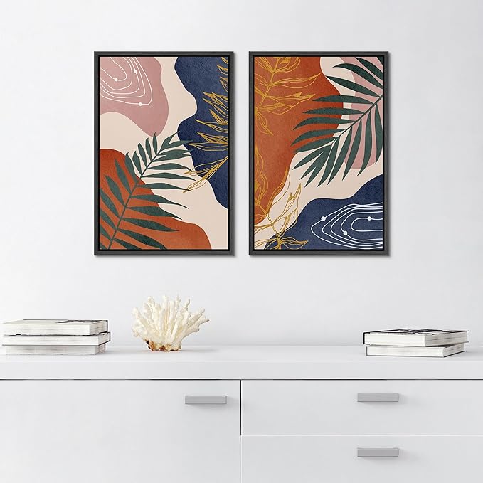 SIGNFORD Framed Canvas Print Wall Art Set Retro Mid-Century Geometric Forest Plants Abstract Shapes Illustrations Modern Art Decorative Bohemian for Living Room, Bedroom, Office - 24"x36"x2 Black