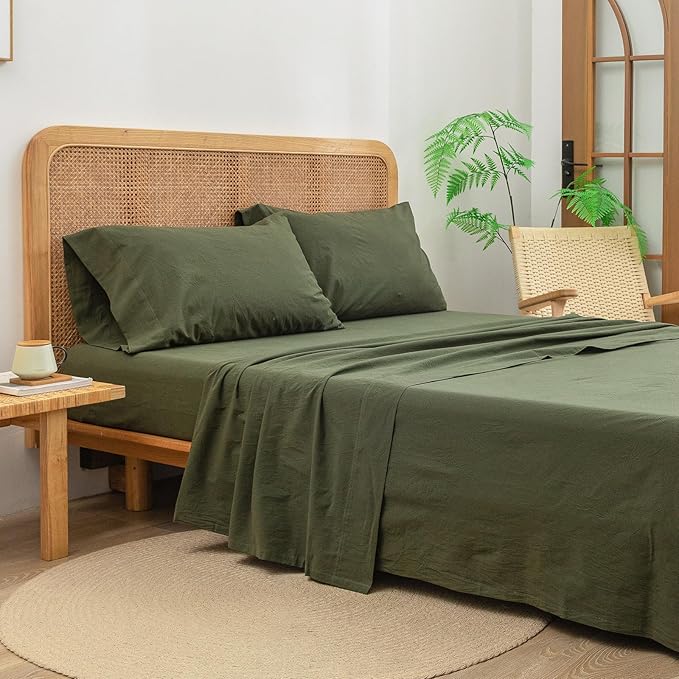 BESTOUCH Sheet Set 100% Washed Cotton Linen Feel Super Soft Comfortable Chic Lightweight 3 Pcs Home Bedding Set Solid Olive Green Twin