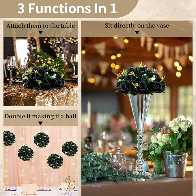 NUPTIO Black Roses Artificial Flowers Pcs of 10 Fake Flower Bouquet Black Hydrangea Flowers Artificial, 15 Heads Fake Roses with Base, Real Looking Black Artificial Flowers (Black)