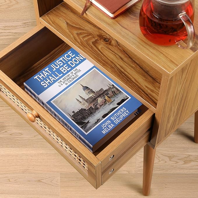 Nightstand Bedside Table Small Nightstand with Drawers Rattan Side Table End Tables Bedroom Wood Mid Century Modern Nightstands