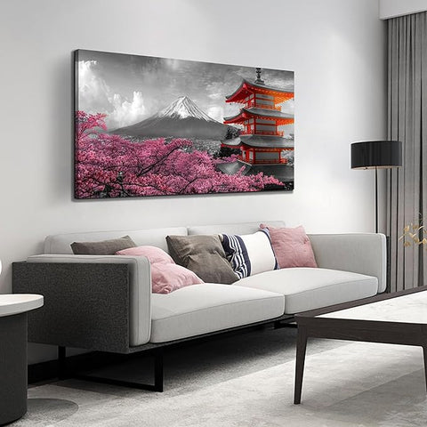 Mount Fuji Wall Art for Living Room Japanese Wall Decor for Bedroom Cherry Blossom Canvas Wall Art for Dining Room Size 24 x 48 Inch
